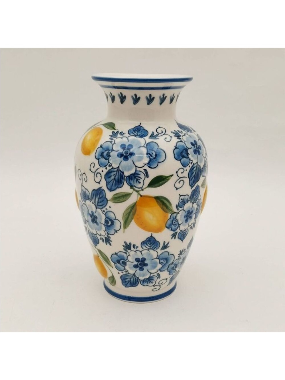 NEW! Muchoise - Ceramic Lemon Vase, Hand-Painted, White/Blue/Yellow, 11.5”